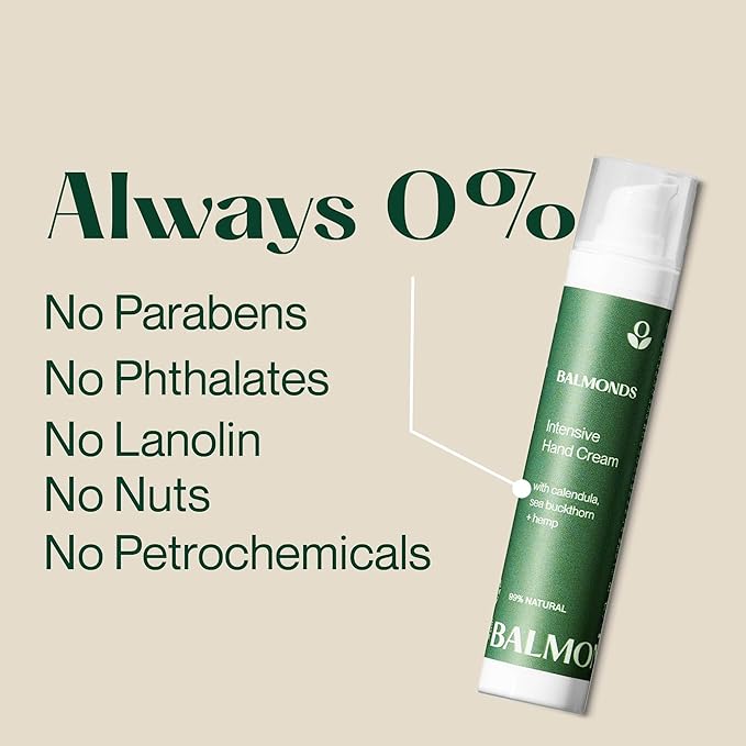 Balmonds - Intensive Hand Cream - 3.5oz. (100ml) - 100% Natural Hand Lotion For Dry Hands - Fragrance Free - Vegan & Cruelty Free - All Skin Types