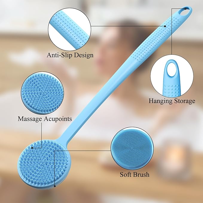 VWMYQ Silicone Back Scrubber for Shower, 17in Lengthen Long Handle Body Brush, Double Sided Shower Brush for Shower Exfoliating and Massage Can Produce Rich Foam, Long Handle Back Scrubber for Men
