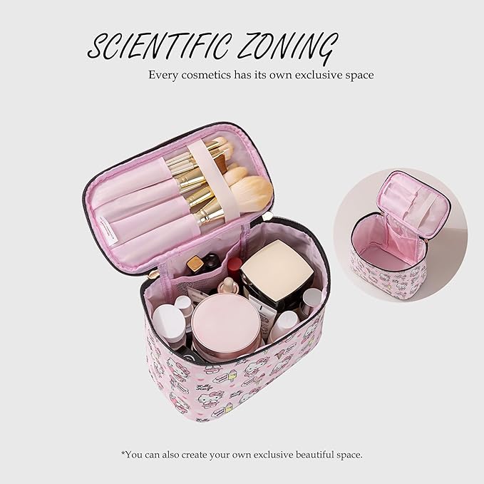 AmBealla Cosmetic Bag Large Makeup Bags Pink Travel Case with Makeup Brush Holder,2PCS Cosmetic Organizer for Women, Toiletry Storage Bag for Skincare & Beauty Tools Sweet Cute for Girls