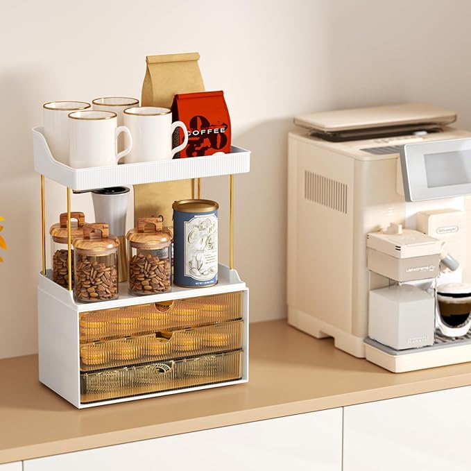 3 Drawers Makeup Organizer - 5 Tier Bathroom Organizers and Storage, Versatile Perfume Organizer, Vanity Organizer, Ideal for Cosmetic, Large Skincare, Face Mask, Office Supplies, Amber