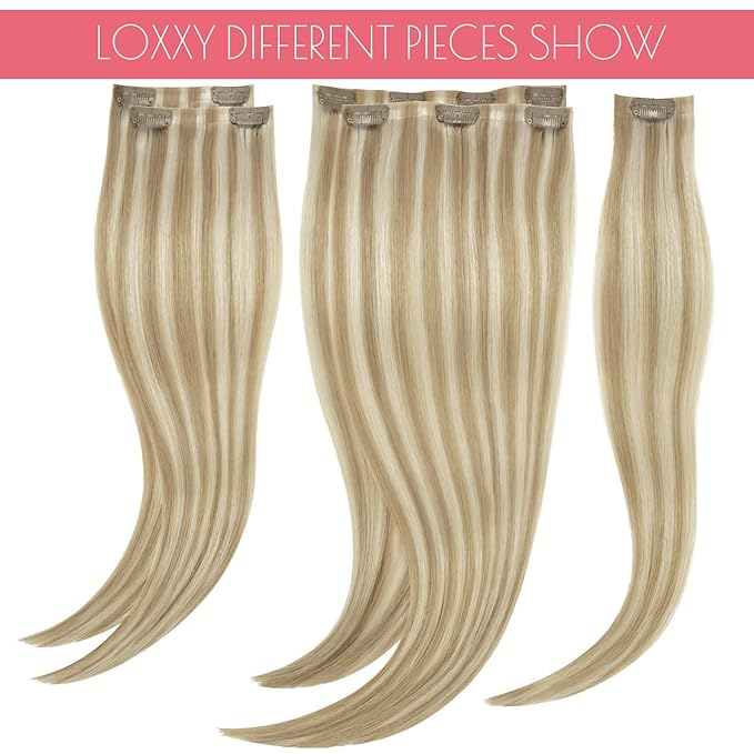 Loxxy Seamless Clip in Hair Extensions Real Human Hair Highlights Ash Blonde Clip in Hair Extensions Invisible PU Skin Weft Clip ins Double Weft 16Inch 6Pcs 110Gram