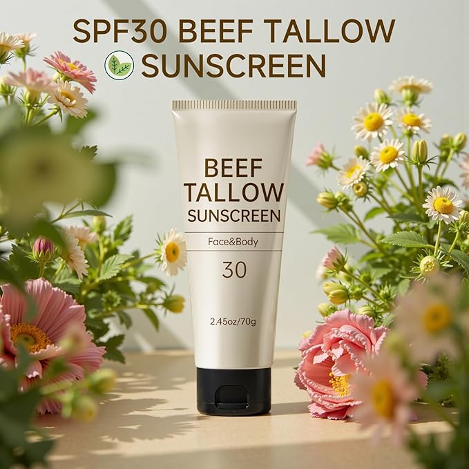Tallow Sunscreen, Sunscreen for Face, SPF30 Natural Reef Safe Face Body Beef Tallow Sunblock, Non Greasy Clean Travel Sun Screen Sunblock for Summer Outdoor Travel, 2.46 OZ