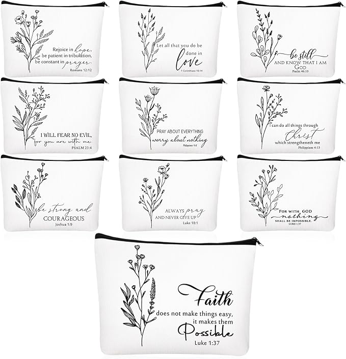 10Pcs Christian Gifts for Women Religious Cosmetic Bags Inspirational Bible Verse Pencil Pouch Canvas Makeup Bags Bulk with Zipper for Mother Sister Church Favors