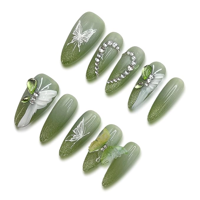 Wsliana Handmade Press On Nails - Long Almond Shape with Green Cat Eye Tip, 3D Butterfly and Diamond Heart Design, 10pcs Glue On Acrylic Fake Nails with Storage Box | Elegant Nail Kit (052 XS)