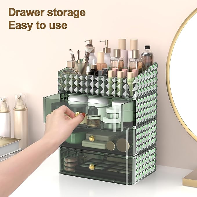 Makeup Organizer for Vanity, Stackable Cosmetics Organizer and Storage, Cosmetic Display Cases with 3 Drawers and 1 Tray for Makeup Brush, Hair Accessories, Lipstick and Jewelry, Green