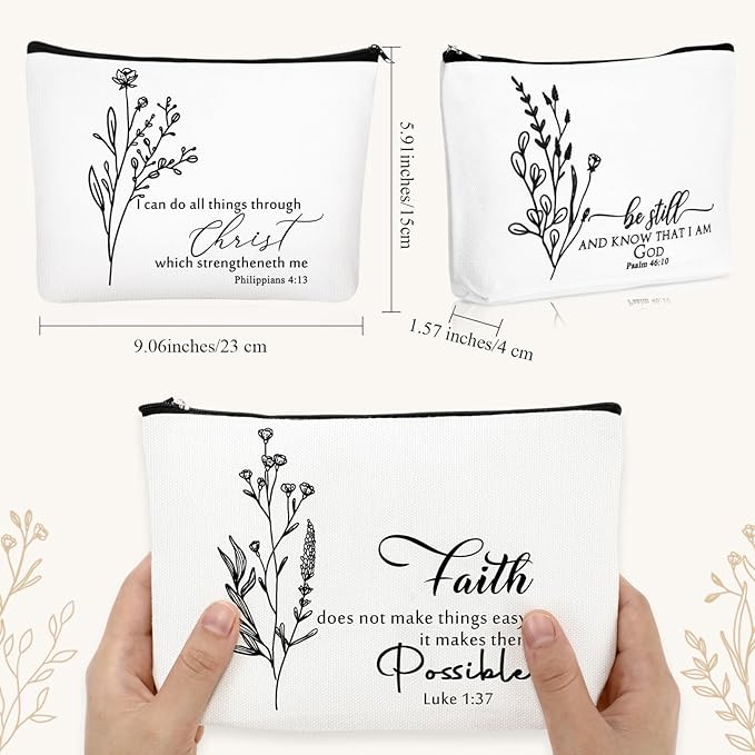 10Pcs Christian Gifts for Women Religious Cosmetic Bags Inspirational Bible Verse Pencil Pouch Canvas Makeup Bags Bulk with Zipper for Mother Sister Church Favors