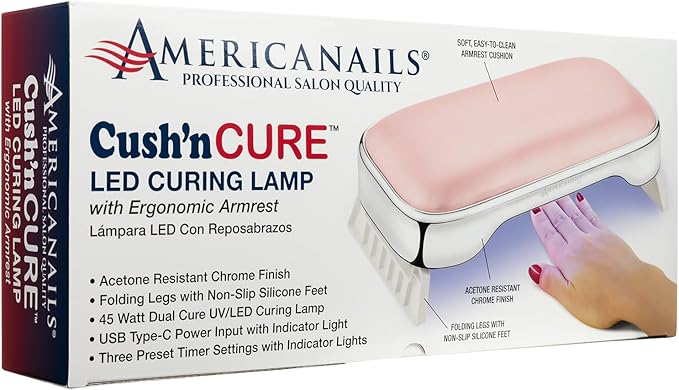 Americanails Cush'n Cure LED Nail Curing Lamp with Armrest, USB Type-C Power Input, Acetone-Resistant Finish, and Soft, Easy-to-Clean Armrest Cushion