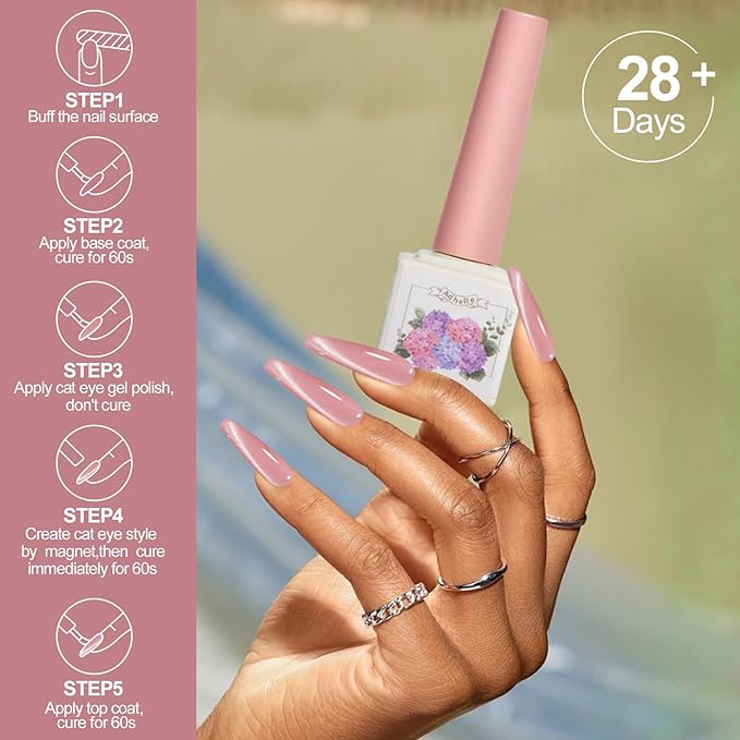 Adhere 7Pcs 12ML Cat Eye Soak Off UV LED Gel Nail Polish Set, Reflective Glitter Cat Eye, Sparkling Diamond Magnetic Transparent Pink Color with Magnet