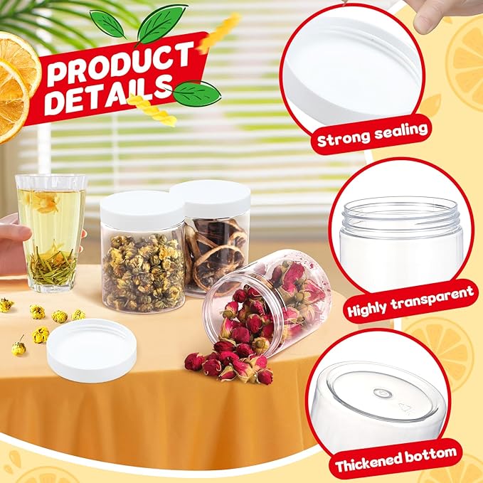 48 PCS 8 OZ Plastic Jars with Screw On Lids, Pen and Labels Refillable Empty Round Slime Cosmetics Containers for Storing Dry Food, Makeup, Slime, Honey Jam, Cream, Butter, Lotion, White