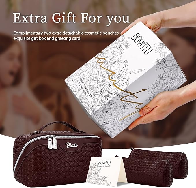 BOYATU Travel Makeup Bags for Women: Large Cosmetic Bag with Compartments - Vegan Leather Make up Bag Set of 3 - Compact Toiletry Organizer for Traveling (L14 Wine red)