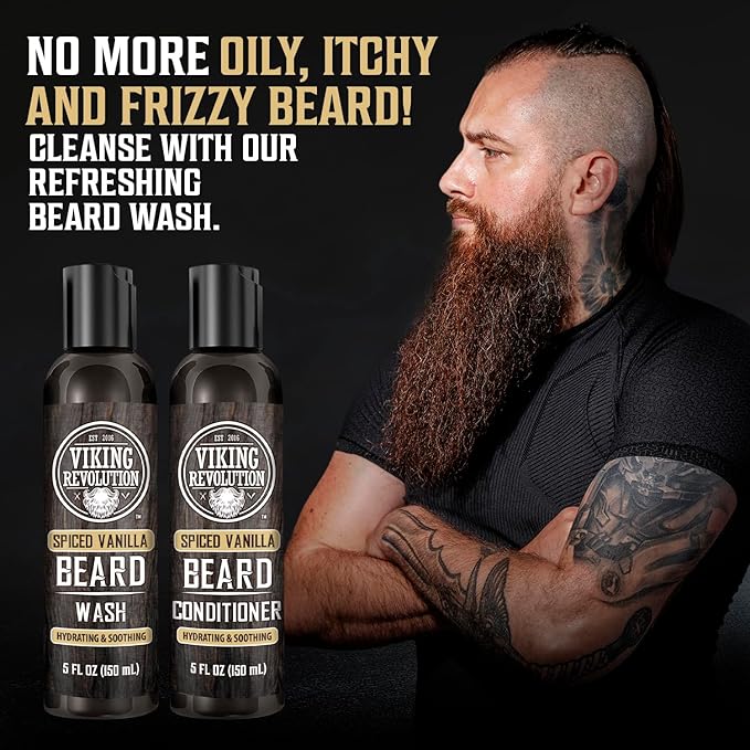 Viking Revolution Beard Wash and Beard Conditioner for Men with Argan Oil and Jojoba Oil - Beard Softener and Strengthener Beard Care Beard Shampoo and Conditioner with Beard Oil (5oz, Spiced Vanilla)