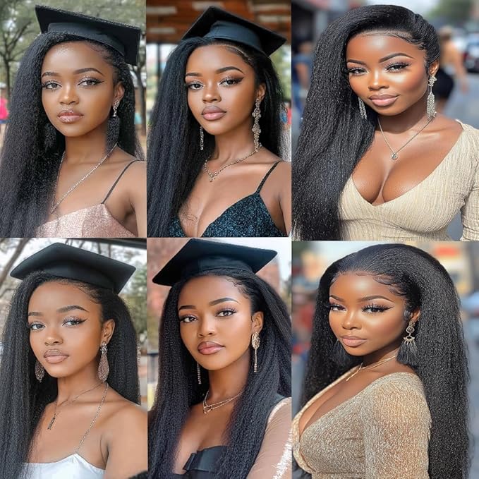 #1B Yaki Human Hair Bundles Natural Color Kinky Straight Bundles Brazilian Human Hair Extensions Soft and Silky for Women Kinky Straight 20 22 24 Inch