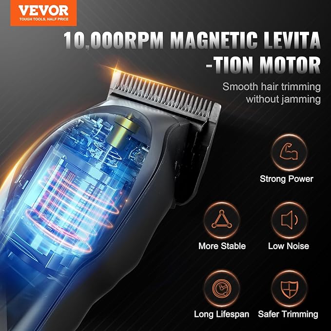 VEVOR Hair Clipper for Men with Magnetic Motor 10000RPM, Cordless Barber Clipper with DLC Fade Blade, Men's Hair Cutting Grooming Kit with 8 Guide Combs for Home Barber, Ideal Gift for Man
