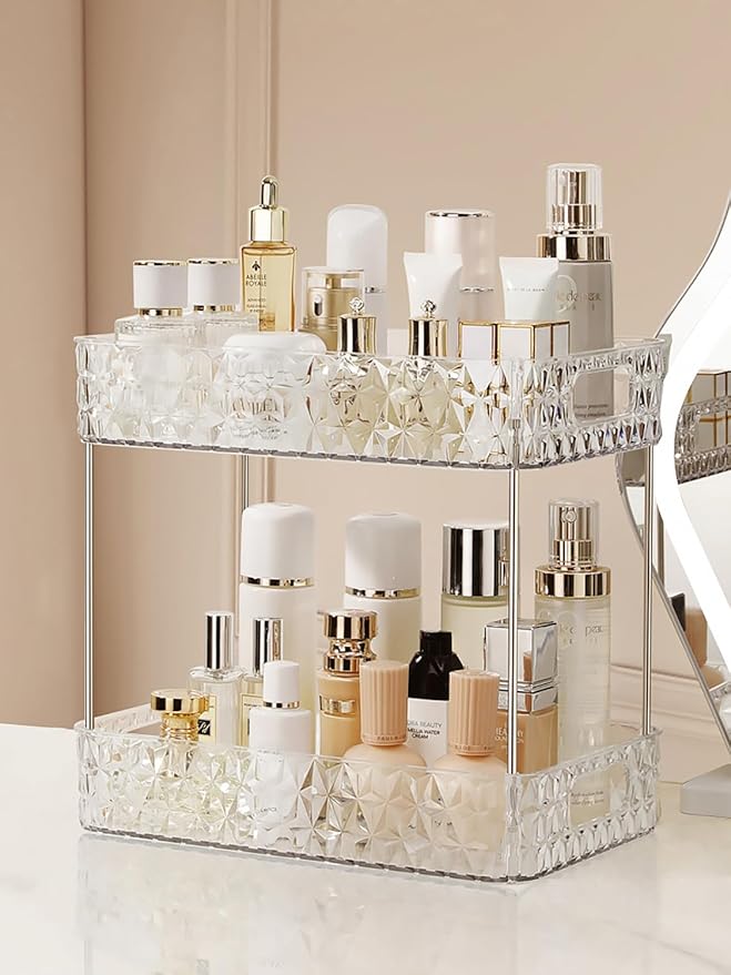 Makeup Organizer for Vanity,Bathroom Countertop Skincare Organizer,Makeup Counter Shelf Perfume Holder Rack,Cosmetic Display Case (Clear, 2 Tier)