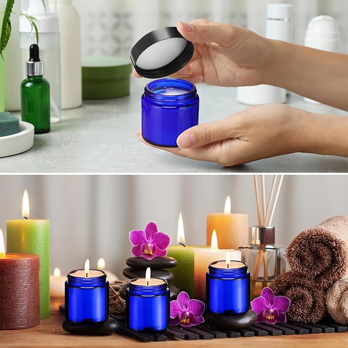 Norme 48 Pcs 4 oz Glass Jars with Lids Leakproof Round Airtight Empty Cosmetic Jars with Inner Liners Lid for Storing Lotions Powder Ointments Candle Making (Black,Blue)