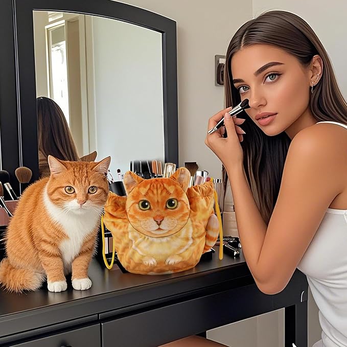 Drawstring Makeup Bag - Travel Organizer, Cosmetic Pouch, Cat Gift for Women, Lay Flat Bag for Cat Lovers