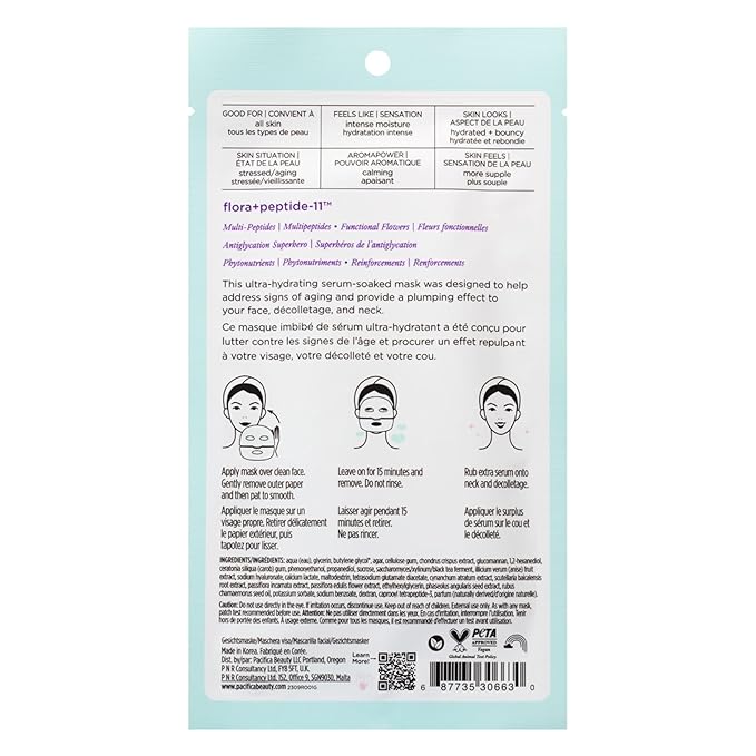 Pacifica Future Youth Time Shift Hydrogel Facial Mask, Multi-Peptide Anti-Aging Sheet Mask for Firming & Plumping, Ultra-Hydrating Serum-Infused Mask for Face & Neck, 100% Vegan