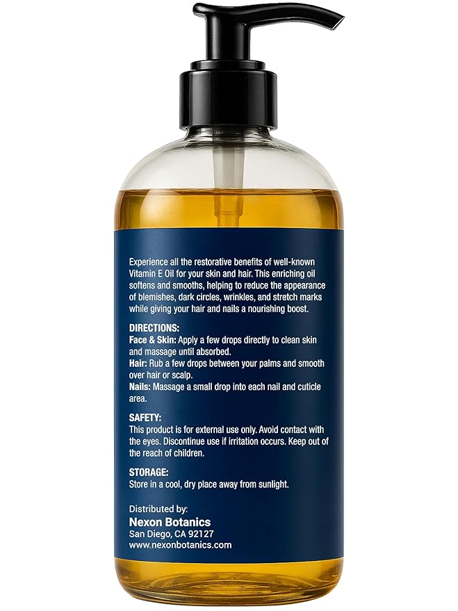 Pure Vitamin E Oil 30,000 IU, 8 fl oz - Cold-Pressed, Hexane Free, Natural Moisturizer for Skin & Face - Supports Scar & Stretch Mark Care by Nexon Botanics
