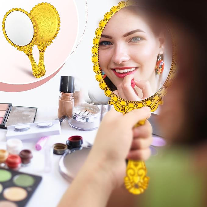Qunclay 12 Pcs Vintage Handheld Mirror, 9.8" L x 4.5" W Small Gold Embossed Portable Princess Mirror for Classroom Kids Princess Party Favors Travel