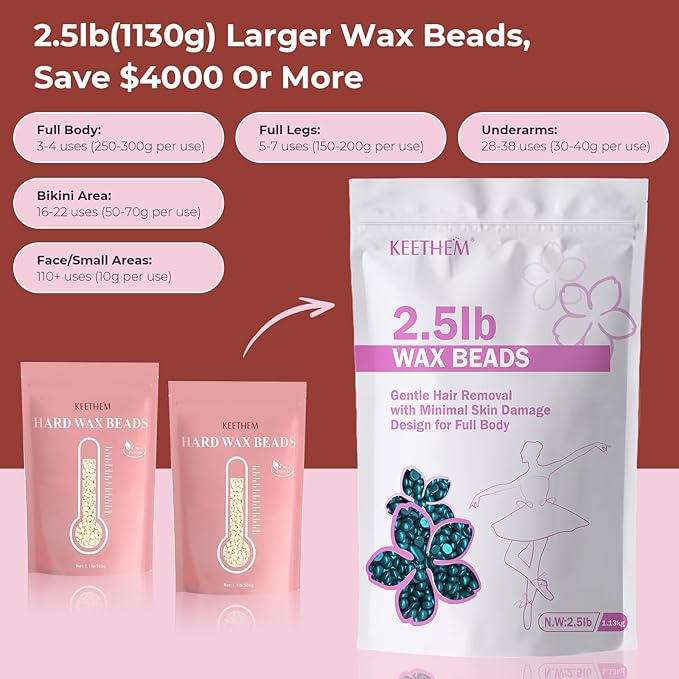 Wax Beads, Hard Wax Beads Hair Removal - 2.5 lbs Wax Beads for Sensitive Skin - Hard Wax Recommended for Full Body Bikini Brazilian Waxing (Jasmine)
