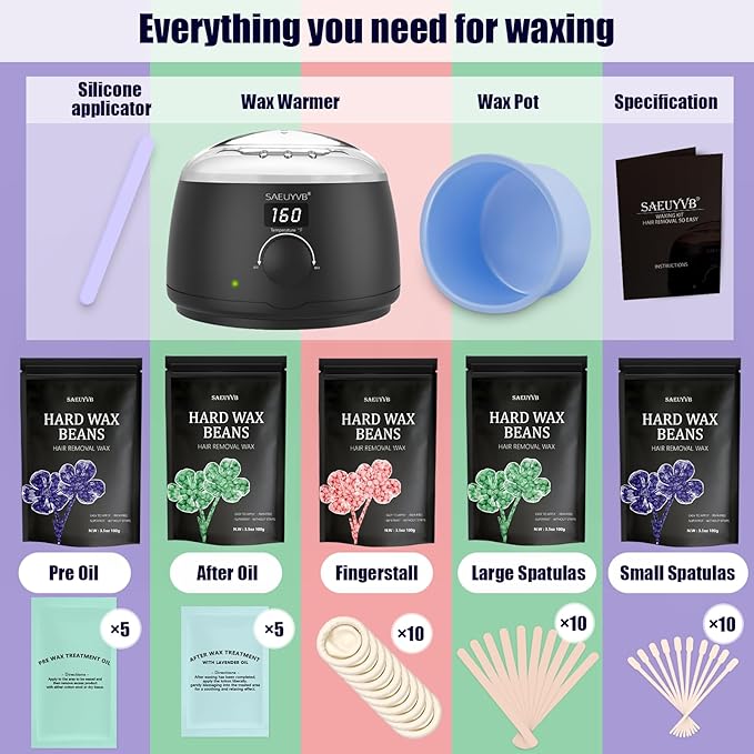 Waxing Kit for Women - Premium Hot Melt Hard Wax Warmer for Hair Removal, Eyebrow, Bikini, Legs, Face, Brazilian Wax - Machine, 5-Pack Beads, Accessories, Black