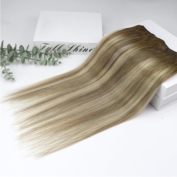 Full Shine Clip on Hair Extensions Human Hair 16 Inch Lace Clip in Extensions Real Human Hair Medium Brown Ombre Ash Brown Mix Light Blonde Straight Remy Hair Extensions 3 Pcs