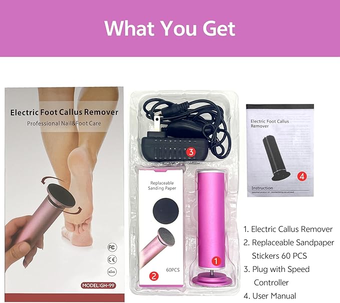 Electric Foot Callus Remover for Feet, Pedicure Tool with 60pcs Replacement Sandpaper Discs, Adjustable Speed Scrubber File Grinder for Dead Skin, Home Spa Salon Use - Pink
