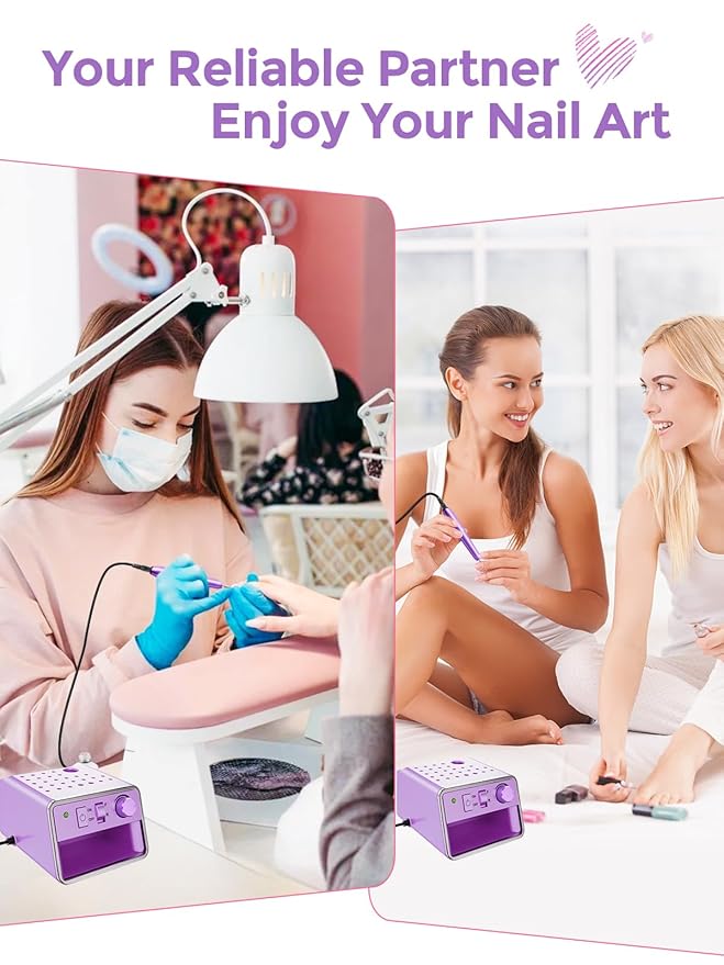 Subay Nail Drill Machine Electric File, Portable for Acrylic Gel Dip Powder Nails, Nail Drill Kit for Manicure Pedicure, Nail Set with Everything, Rose Pink (Purple)