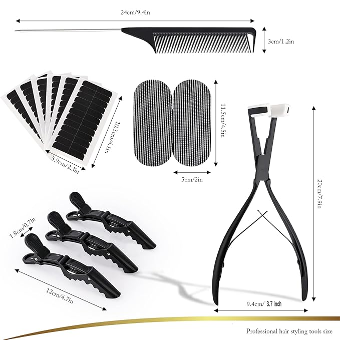 EHDIS Hair Extensions Tools Kit Tape in Hair Sealing Pliers Flat Surface Hair Extension Tools with Double Sided Replacement Adhesive Hair Extension Tape Tabs (Black)
