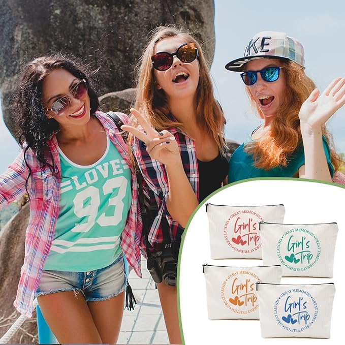 4PCs Girls Trip Gifts Favors, 2025 Girls Weekend Gifts Funny Makeup Bag, Bestie Gifts Weekend Bag Summer Vacation Cosmetic Bag, Friendship Gifts for Women Friend, Graduation Wedding Gifts Toiletry Bag