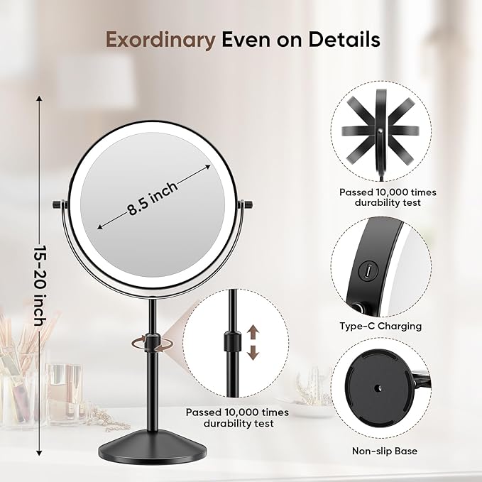 8.7in Professional Lighted Makeup Mirror - Height & Brightness Adjustable, Rechargeable 2-sided 1x/10x Magnifying HD Brighter Light Mirror- 88 Surgical-grade LEDs, 3 Colors Lights, 360° Swivel (Black)