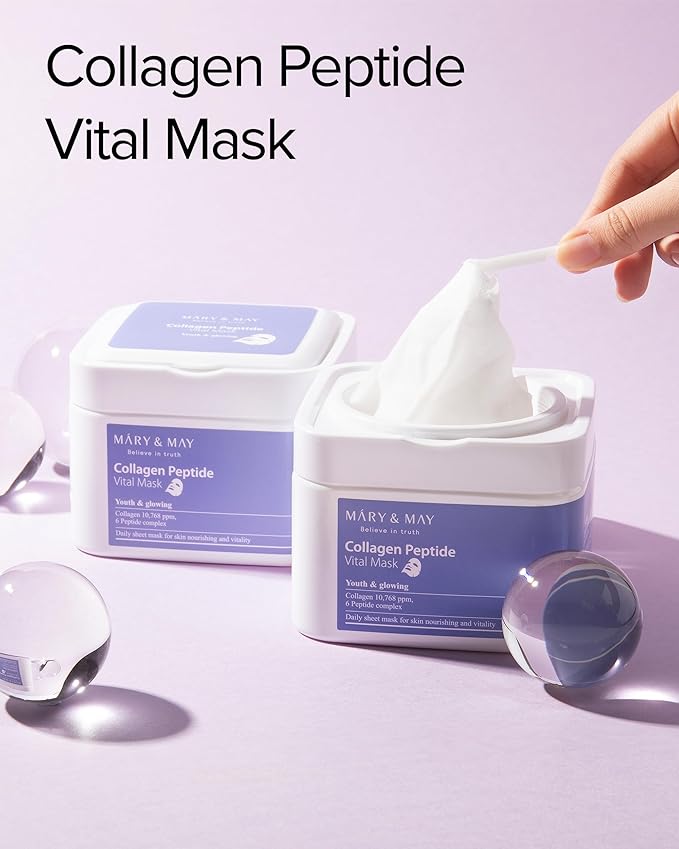 Mary&May Collagen Peptide Vital Mask | 30 Sheets | Daily Korean Face Mask | Firming & Wrinkle Care | Pore Minimizing & Elasticity Boost | Collagen & 6 Peptides for Glass Skin