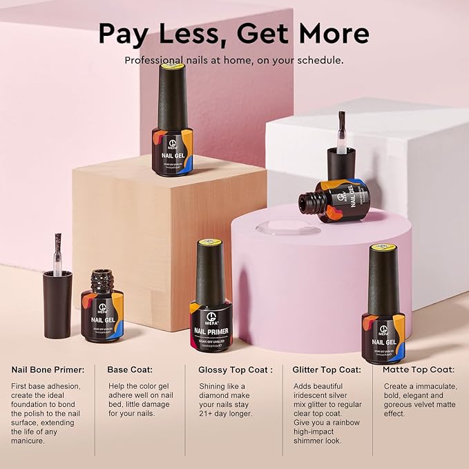 MEFA 47PCS Gel Nail Polish Kit, 42 Colors All Seasons Collection White Nude Pink Colorful Gel Polish Set with 5Pcs Top and Base Coat Primer Manicure Art at Home Salon 7ML Valentines Gifts for Women