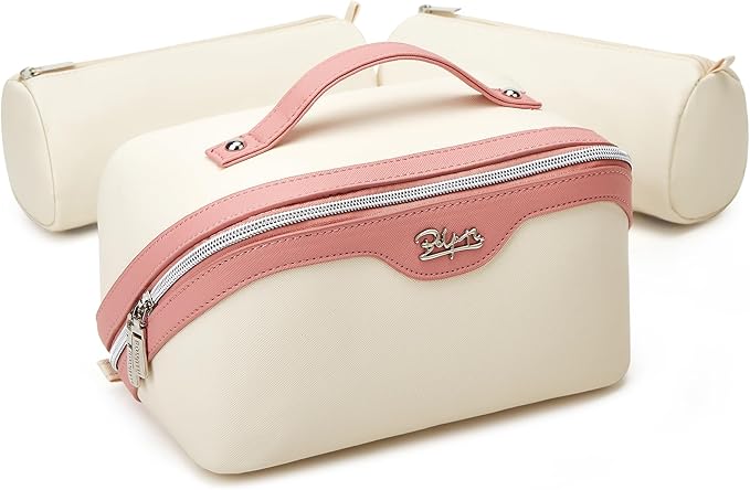 BOYATU Travel Makeup Bag Set: Portable Make up Bag for Traveling - Leather Cosmetic Bags for Women - Waterproof Toiletry Organizer Bags with Handle (D-02-White)