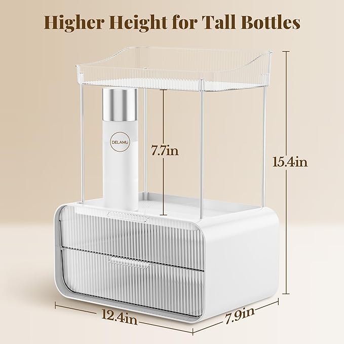 Delamu Bathroom Counter Organizer 2-Drawers 2-Tier Acrylic Makeup Organizer for Vanity Countertop, Skincare Perfume Storage, Easy Assembly, Ideal Gift for Women Clear