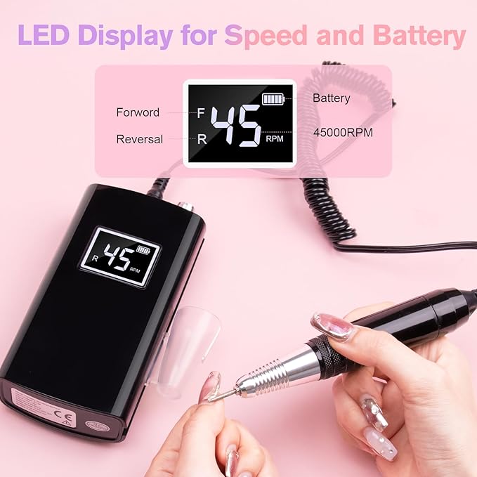 Beloving Portable Nail Drill Professional, 45000RPM Rechargeable Nail Drill Electric File Machine for Acrylic Gel Polish Remover, Cordless Nail Kit for Manicure Pedicure with 11 Bits for Salon Home