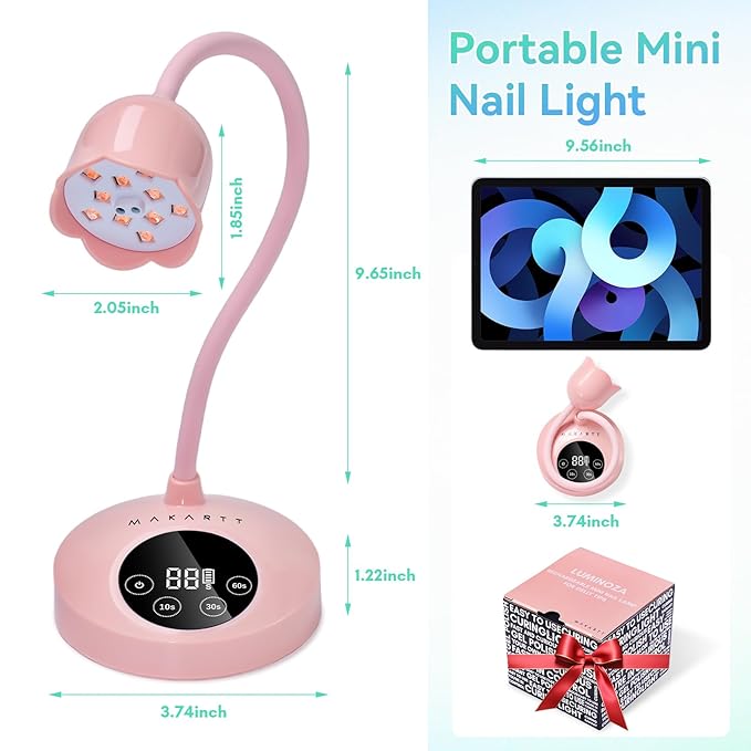 Makartt UV Nail Lamp: Mini UV Light for Gel Nails Polish Luminoza 30W Rechargeable LED Nail Dryer with 4 Timers & Auto Sensor Fast Curing Goosenecks Lamp for Home DIY Manicure (Pink)