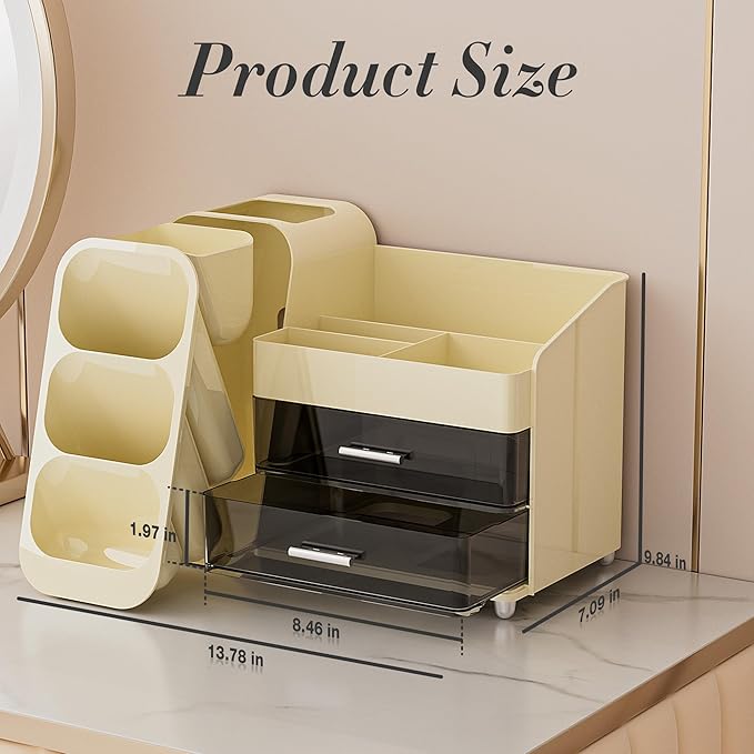 Delamu Makeup Organizer with Drawers for Vanity, Spacious Cosmetic Display Case with Makeup Brush Holder, Perfect Vanity Bathroom Organizer and Storage Solution for Skincare & Beauty Essentials, Beige