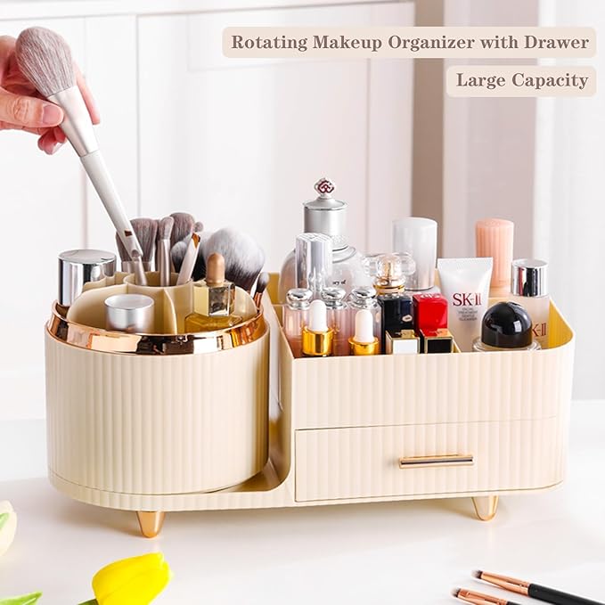 Rotating Makeup Organizer for Vanity with Brush Holder and Drawer, Cosmetic Makeup Storage, Large Spinning Makeup Skincare Organizer, Countertop Makeup Perfume Organizer, Lotions Display Case (Ivory)