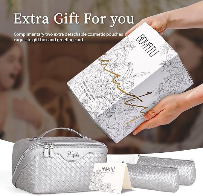 BOYATU Travel Makeup Bags for Women: Large Capacity Cosmetic Bag with Comapartments - Vegan Leather Make up Bag Set of 3 - Protable Makeup Organizer with Handle & Divider (L21 Silver)