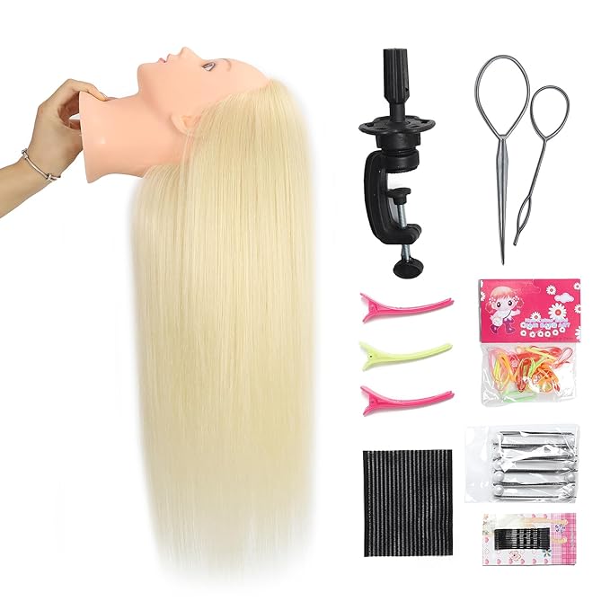 26"-28"Mannequin Head with 80% Real Hair,Cosmetology Mannequin Trainning Head Hairdresser Pratice Doll Head for Hair Styling with Free Clamp Holder(#613 Light Blonde)