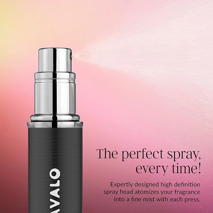 Travalo LUX Perfume Atomizer | Travel Refill U-Change System TSA Approved | Reusable Airtight Easy Fill Mini Pump Sprayer | Lightweight Portable | Brushed Polished Metal Alloy Outer Shell Black 0.17oz