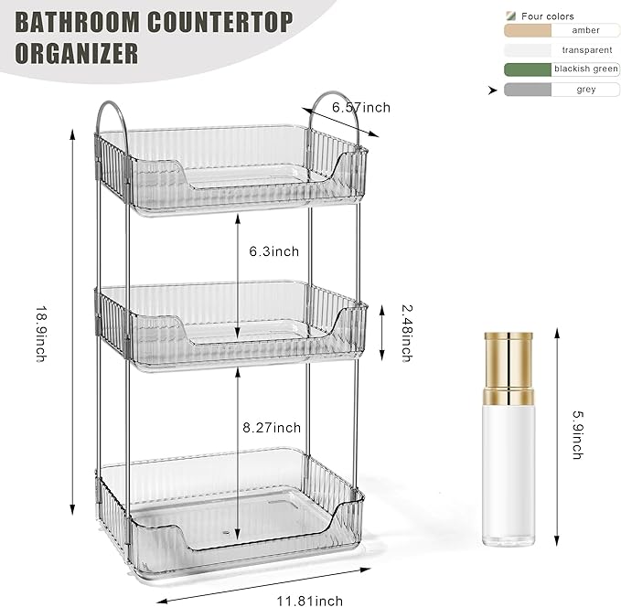Bathroom Counter Organizer Countertop Storage Skincare Countertop Makeup Organizer Cosmetics Skincare Organizers Holder for Perfume-Grey-Silver Pole-3 Tier