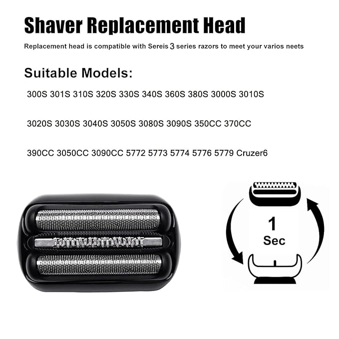 21B-Series 3 Replacement Heads Compatible with Braun Series 3 Electric Shaver for Braun S3 Foil Shaver fit for Electeic Razor 5409,3040s,300s,310s,320s,3050cc,3090cc,3010s,3030s