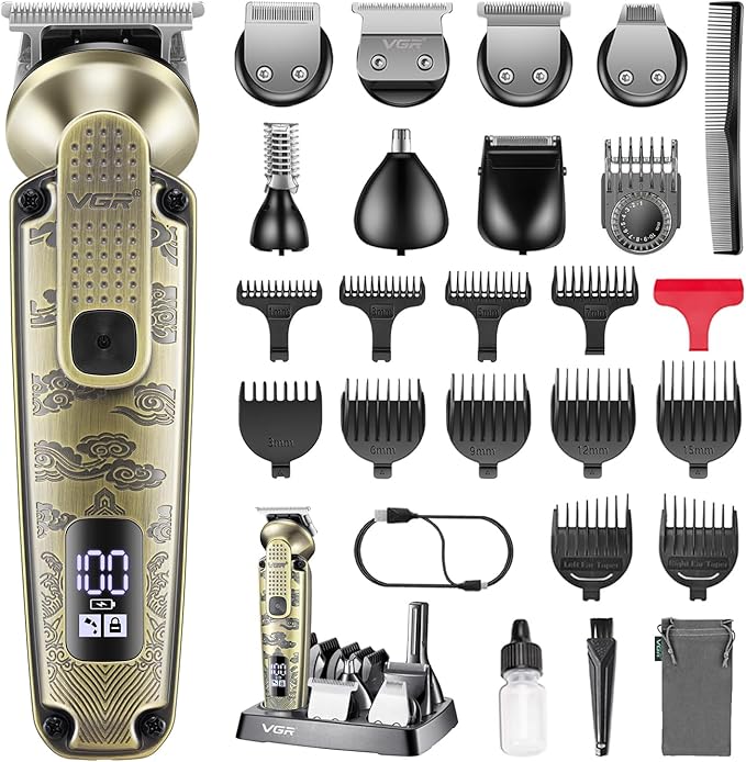 VGR 095 Beard Trimmer for Men, 7 in 1 Waterproof Cordless Hair Clippers and Trimmers Set, Electric Razor Shavers T-Blade Hair Trimmer Grooming Kit for Nose Body Ear Face Mustache, V-103