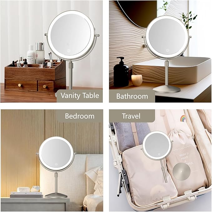 8" Lighted Makeup Mirror, 1X/10X Magnification Mirror with Light, Double Sided Dimmable Mirror, Rechargeable & Brightness & Height Adjustable, Cordless Vanity Mirror(Brushed Nickel)