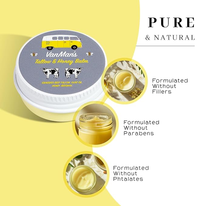 Vanman’s - Tiny Tallow and Honey Balm - Unscented Face Moisturizer with Grass-Fed/Finished Beef Tallow, Honey, and Vitamins A, K, D, E - 0.25 oz