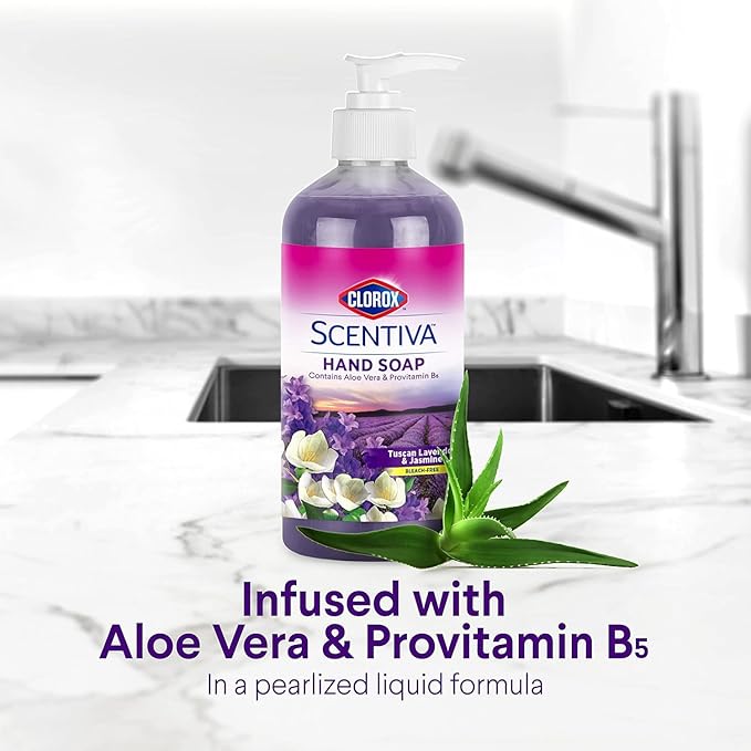Clorox Scentiva Liquid Hand Soap - Liquid Hand Wash with Aloe Vera, Vitamin B5 | Bleach-Free Scented Hand Soap for Kitchen or Bathroom, Tuscan Lavender & Jasmine Scent, 14 Fl Oz - 2 Pack