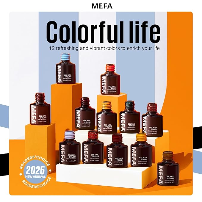 MEFA Gel Nail Polish Set, 12 Colors Orange Burgundy Red Gel Polish Set Flash Dark Red Glitter Nail Polish Shimmer Nude Brown Blue Yellow Nail Gifts for Women Girl DIY Salon Home Spring Summer