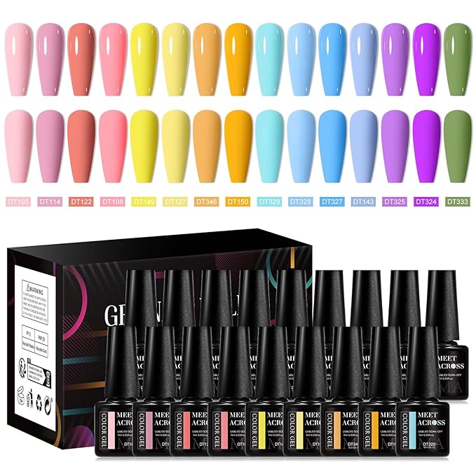 MEET ACROSS 18PCS Gel Nail Polish Set Nude Gel Polish Kit 15 Colors Pink Blue Yellow Orange Purple Green Nail Polish Kit Nail Art Manicure DIY Salon Home Women Gifts